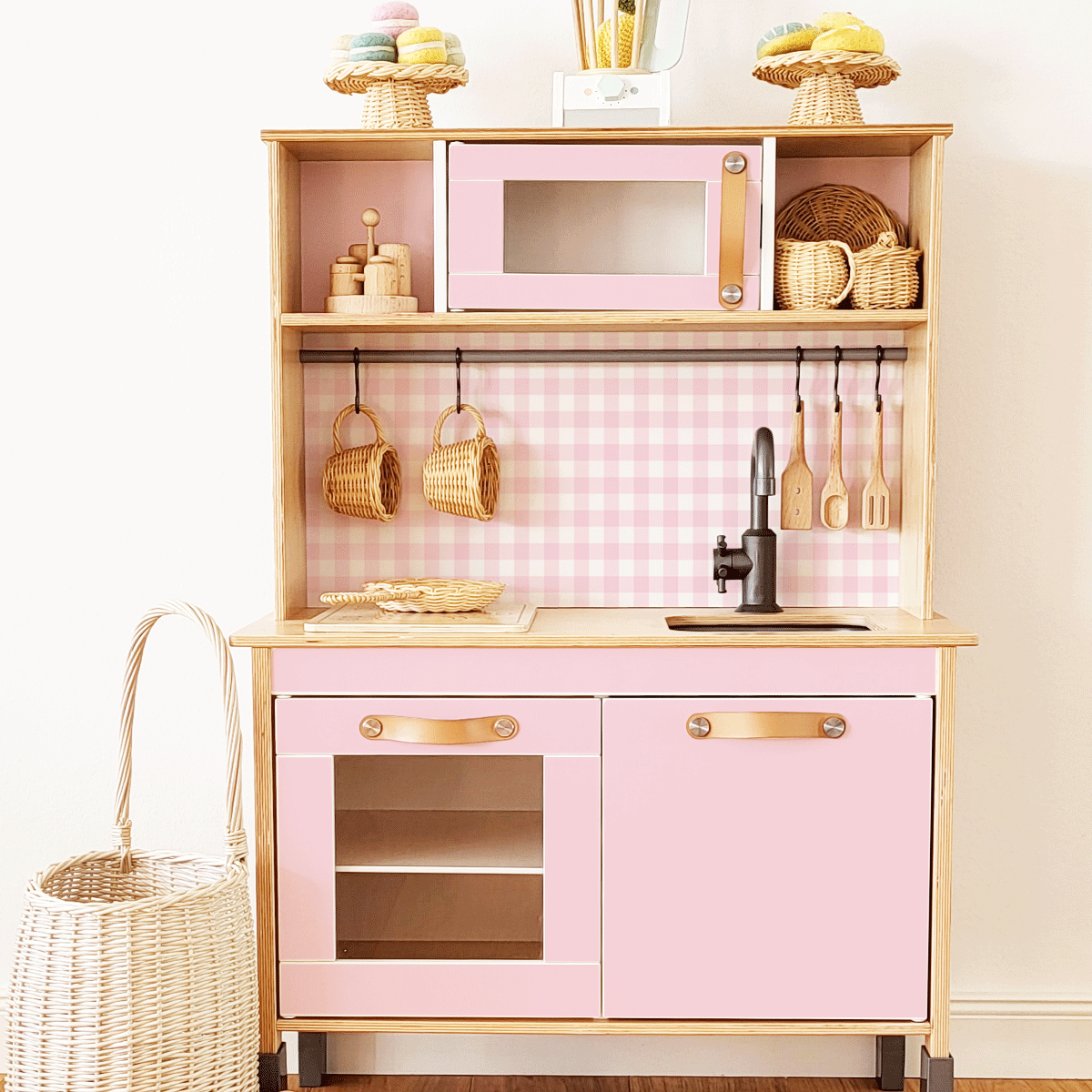 Klebefolie für IKEA DUKTIG Kinderküche - Karomuster (Pink)