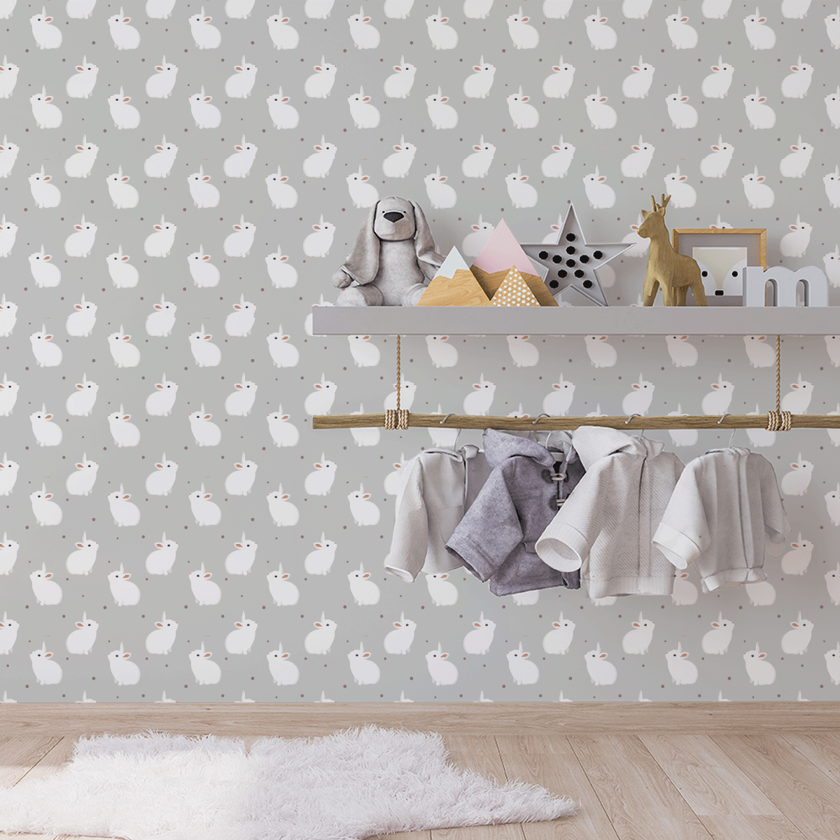 removable wallpaper, kids bedroom wallpaper, nursery wallpaper, kids bedroom ideas, nursery ideas, white bunnies wallpaper, white rabbits wallpaper
