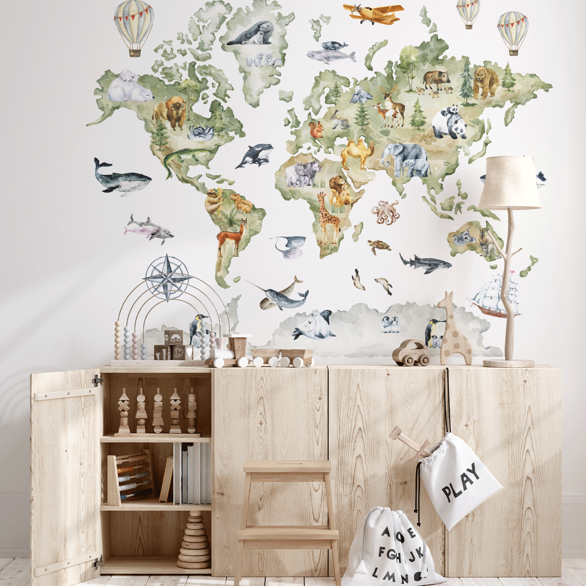 world map wall stickers, world map wall decals, animal world map wall stickers