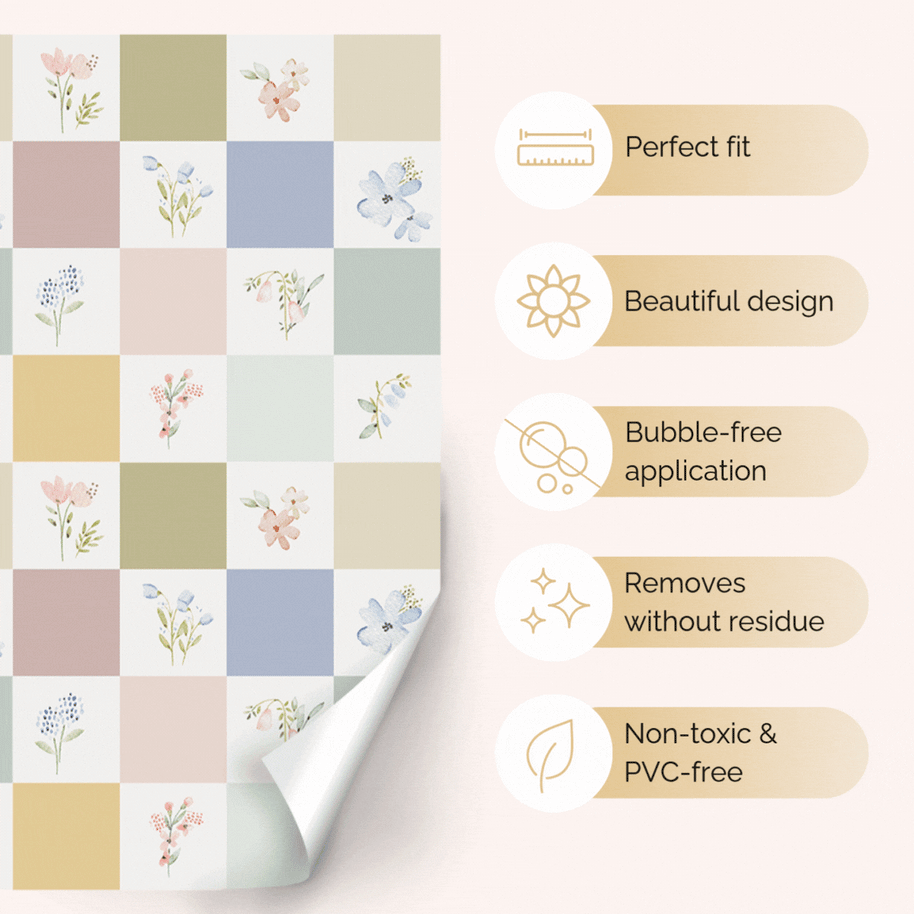 Sticker set for IKEA DUKTIG play kitchen - Checkered & floral tiles (mustard)