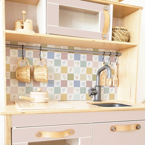 Klebefolie für IKEA DUKTIG Kinderküche - Pastell Karo- und Blumenfliesen (Rose)