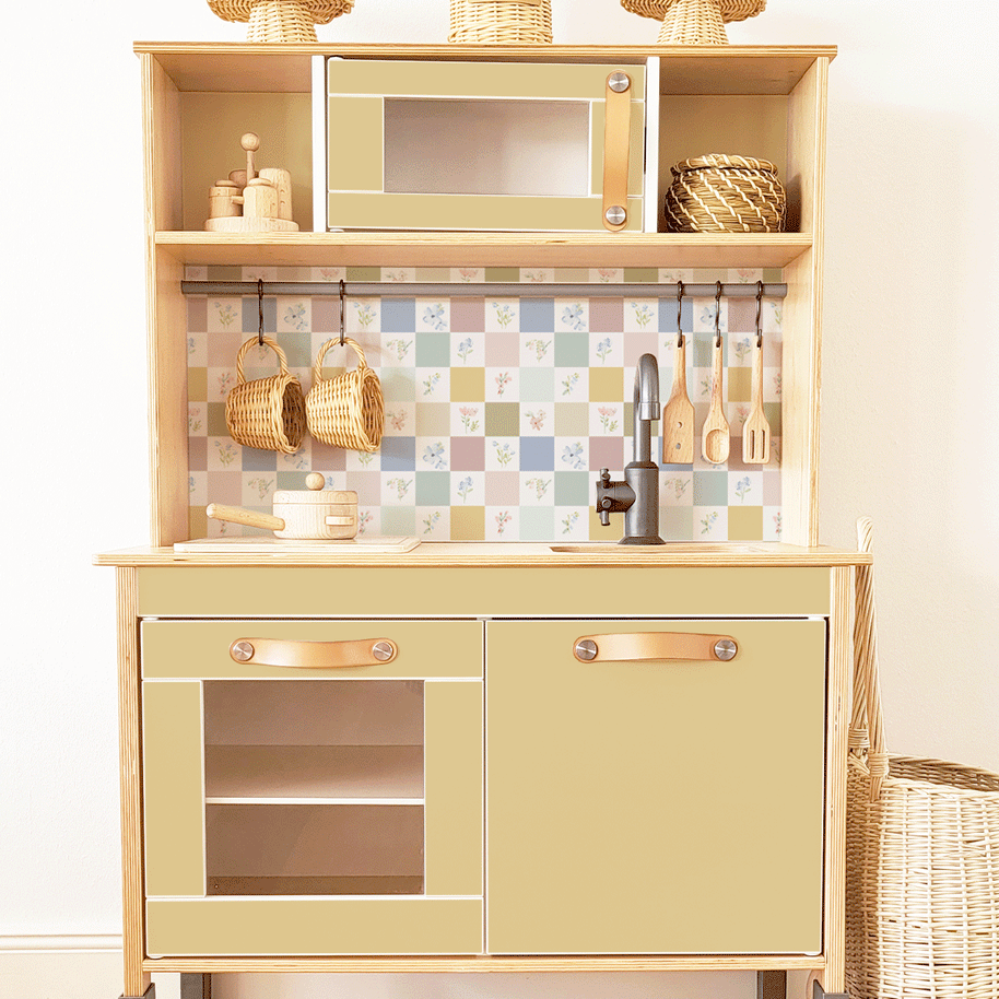 Klebefolie für IKEA DUKTIG Kinderküche - Pastell Karo- und Blumenfliesen (Senf)