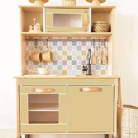 Klebefolie für IKEA DUKTIG Kinderküche - Pastell Karo- und Blumenfliesen (Senf)