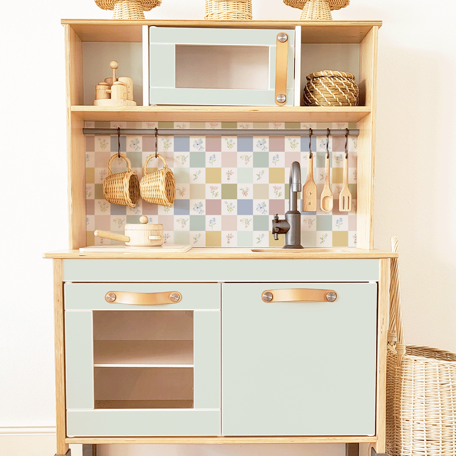 Klebefolie für IKEA DUKTIG Kinderküche - Pastell Karo- und Blumenfliesen (Helles Minze)