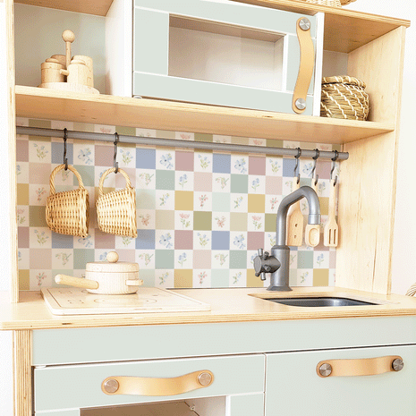 Sticker set for IKEA DUKTIG play kitchen - Checkered & floral tiles (light mint)