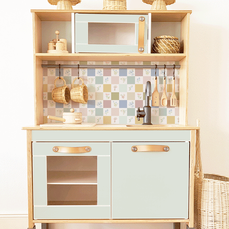 Klebefolie für IKEA DUKTIG Kinderküche - Pastell Karo- und Blumenfliesen (Helles Minze)