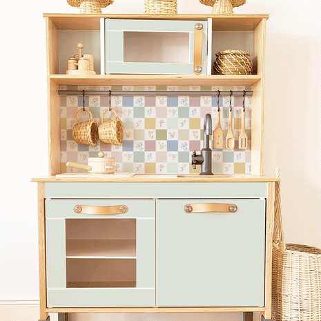 Sticker set for IKEA DUKTIG play kitchen - Checkered & floral tiles (light mint)