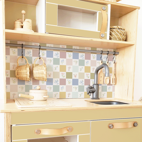 Sticker set for IKEA DUKTIG play kitchen - Checkered & floral tiles (mustard)
