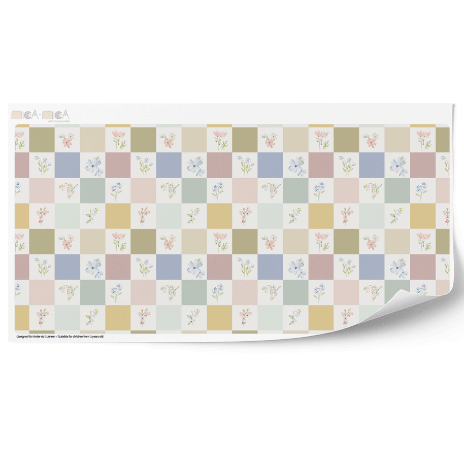 Klebefolie für IKEA DUKTIG Kinderküche - Pastell Karo- und Blumenfliesen (Helles Minze)