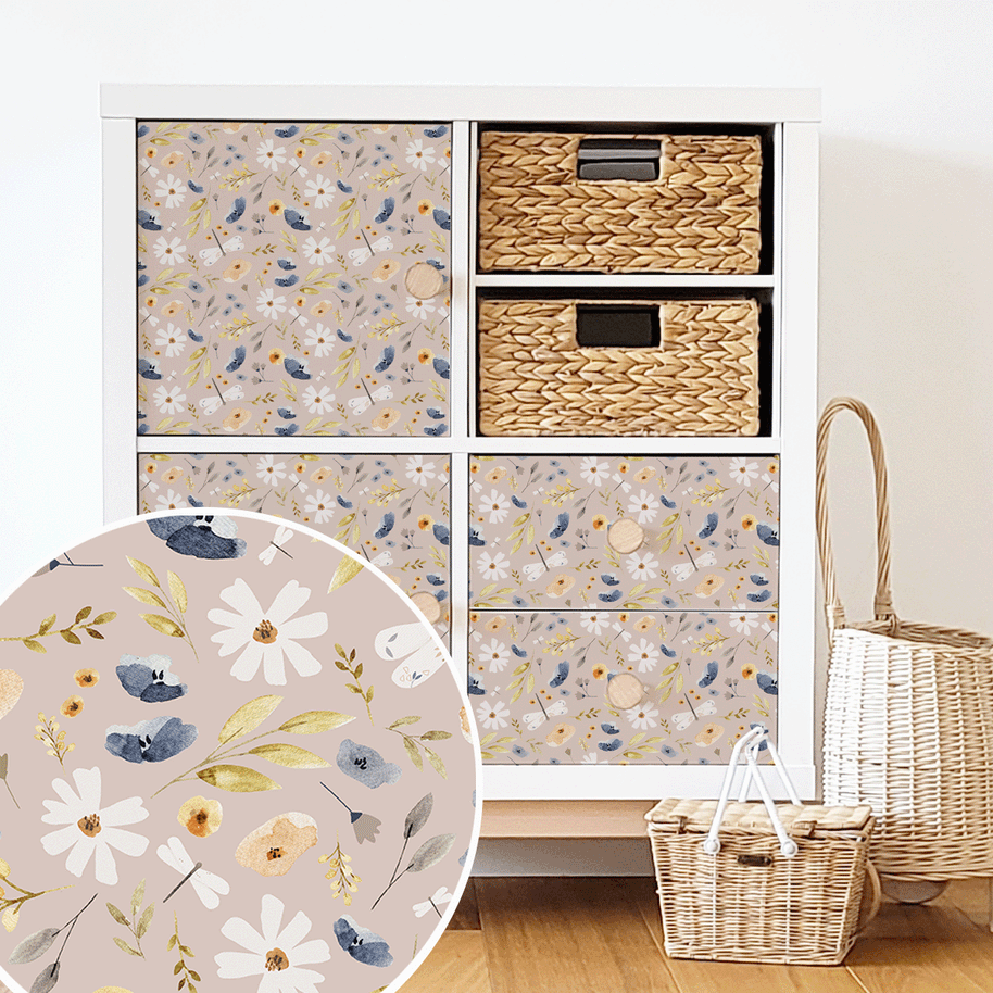 Möbelfolie für IKEA KALLAX - Wiesenblumen (helles taupe)
