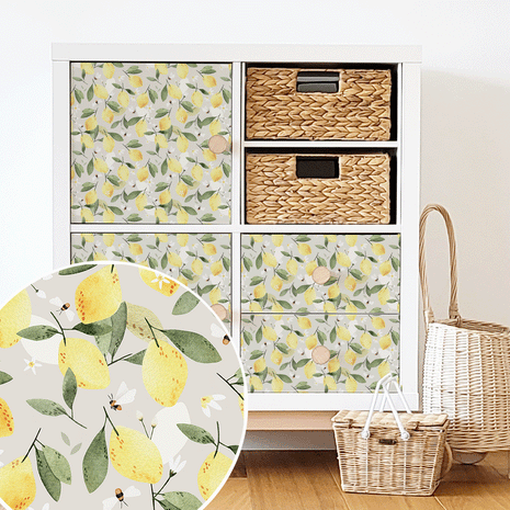 Möbelfolie für IKEA KALLAX - Zitronen mit Bienen (ecru)