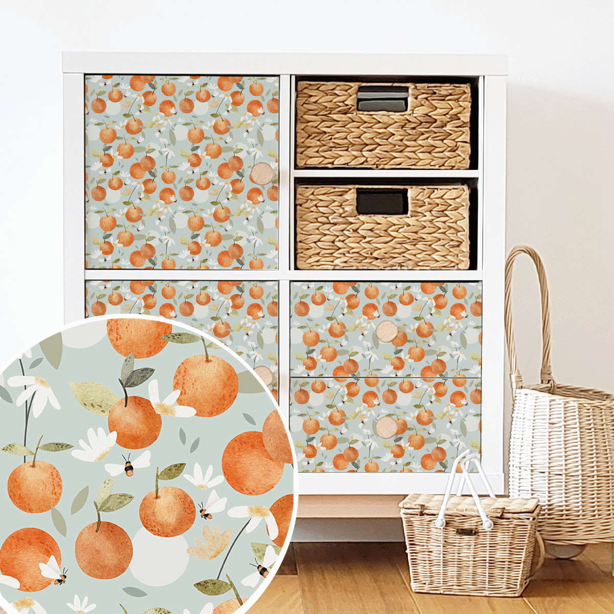 Möbelfolie für IKEA KALLAX - Orangen mit Bienen (minze)