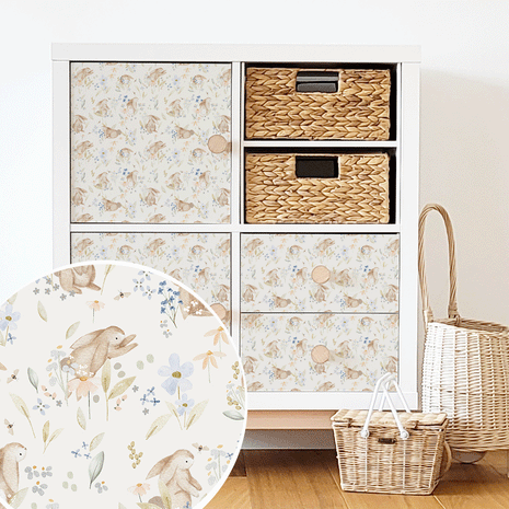 Möbelfolie für IKEA KALLAX - Blütenhäschen (weiß)