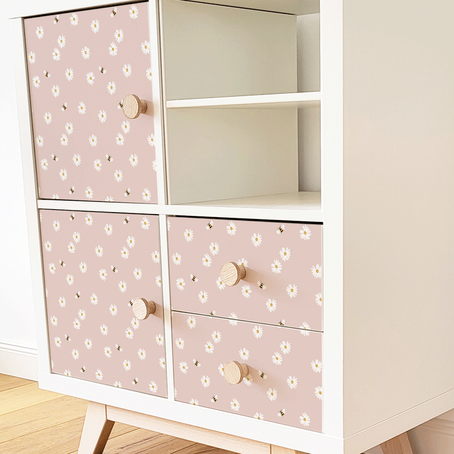 IKEA KALLAX furniture wrap - Daisies with bees (pink)