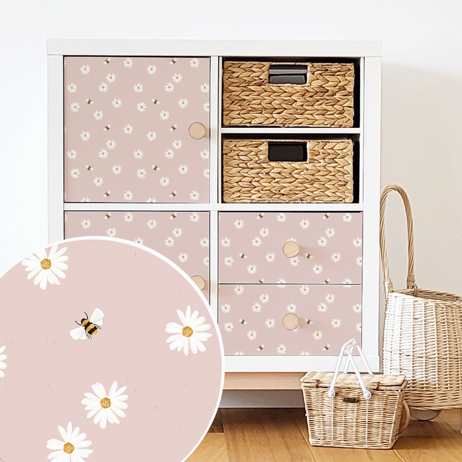 IKEA KALLAX furniture wrap - Daisies with bees (pink)
