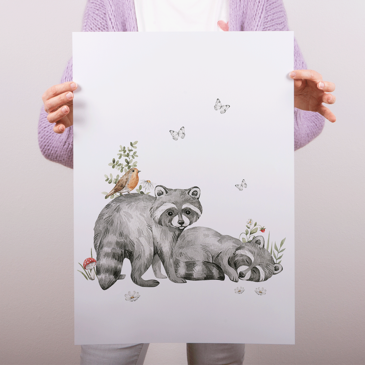 Woodland print - Magical forest - Racoons
