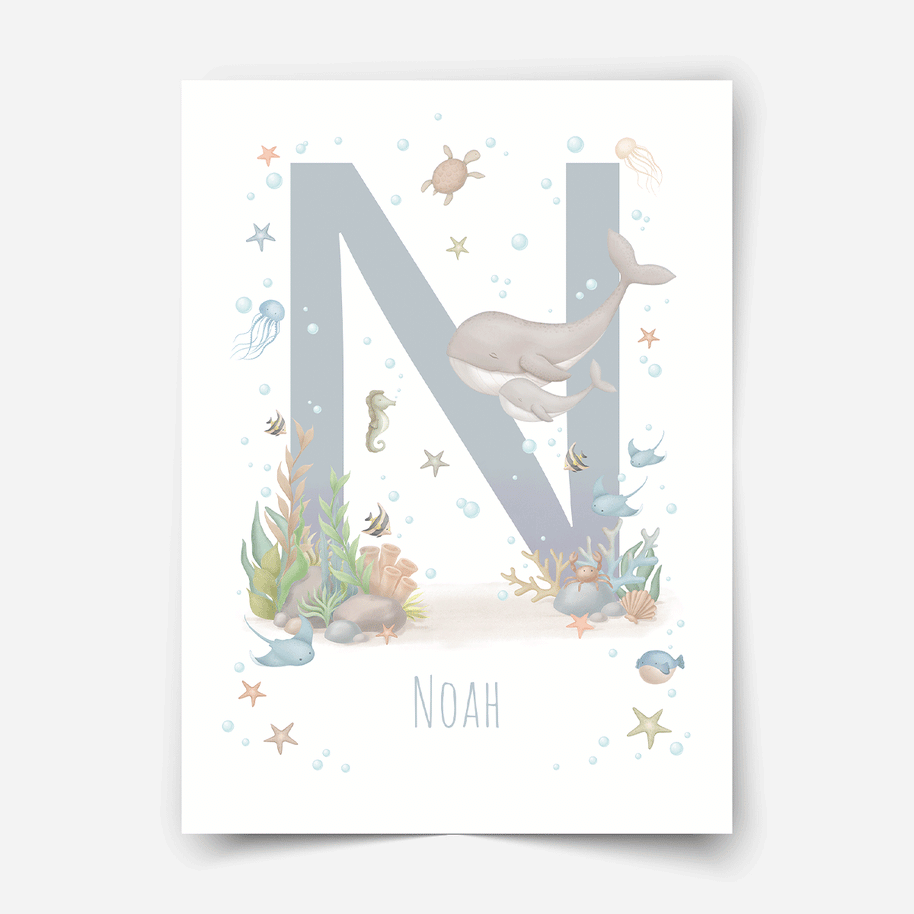 Personalisiertes Poster - ABC Buchstaben - Magischer Ozean (blau)