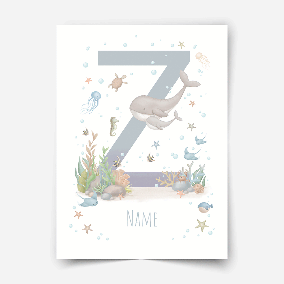 Personalisiertes Poster - ABC Buchstaben - Magischer Ozean (blau)