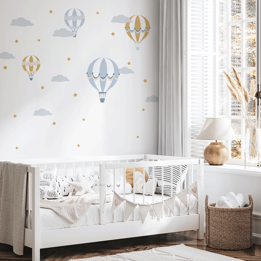Hot air balloons wall stickers - Up, up and away (mustard blue)