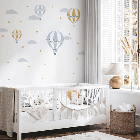 Wandtattoo Heißluftballon - Auf, auf und davon (blau senf)