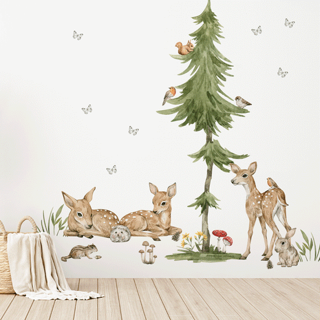 Wandtattoo Waldtiere - Magischer Wald - Rehkitze mit Baum