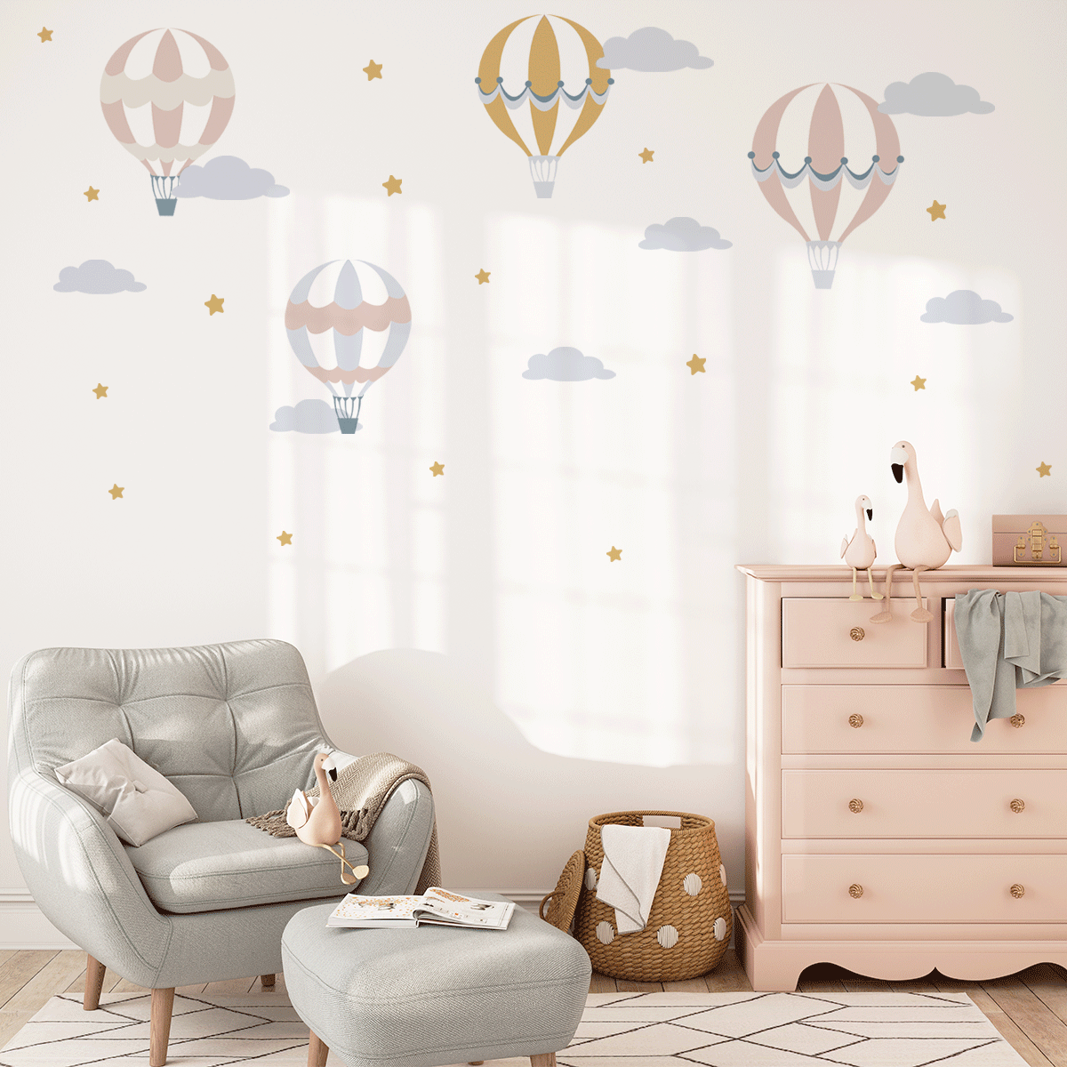 Hot air balloons wall stickers - Up, up and away (dusty pink - mustard)
