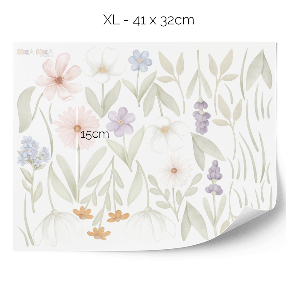 Tree wall stickers - Tree with flower meadow, birds and butterflies