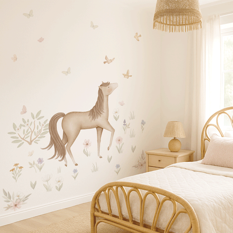 Horse wall stickers - Brown horse in flower meadow with birds