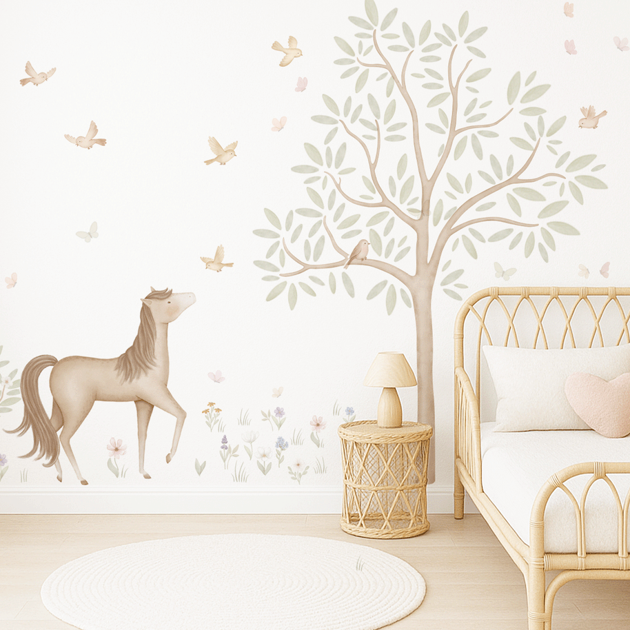 Tree wall stickers - Tree with flower meadow, birds and butterflies