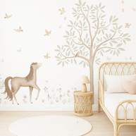 Tree wall stickers - Tree with flower meadow, birds and butterflies