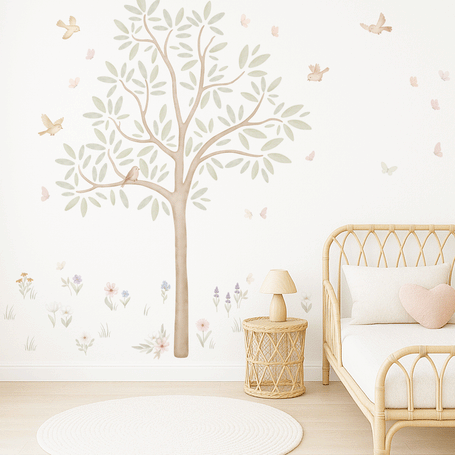 Wandtattoo Baum - Baum mit Blumenwiese, Vögeln und Schmetterlingen