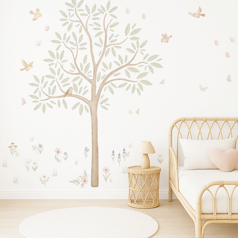 Tree wall stickers - Tree with flower meadow, birds and butterflies