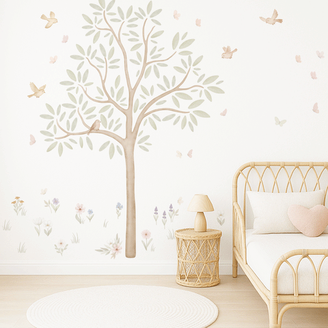 Wandtattoo Baum - Baum mit Blumenwiese, Vögeln und Schmetterlingen