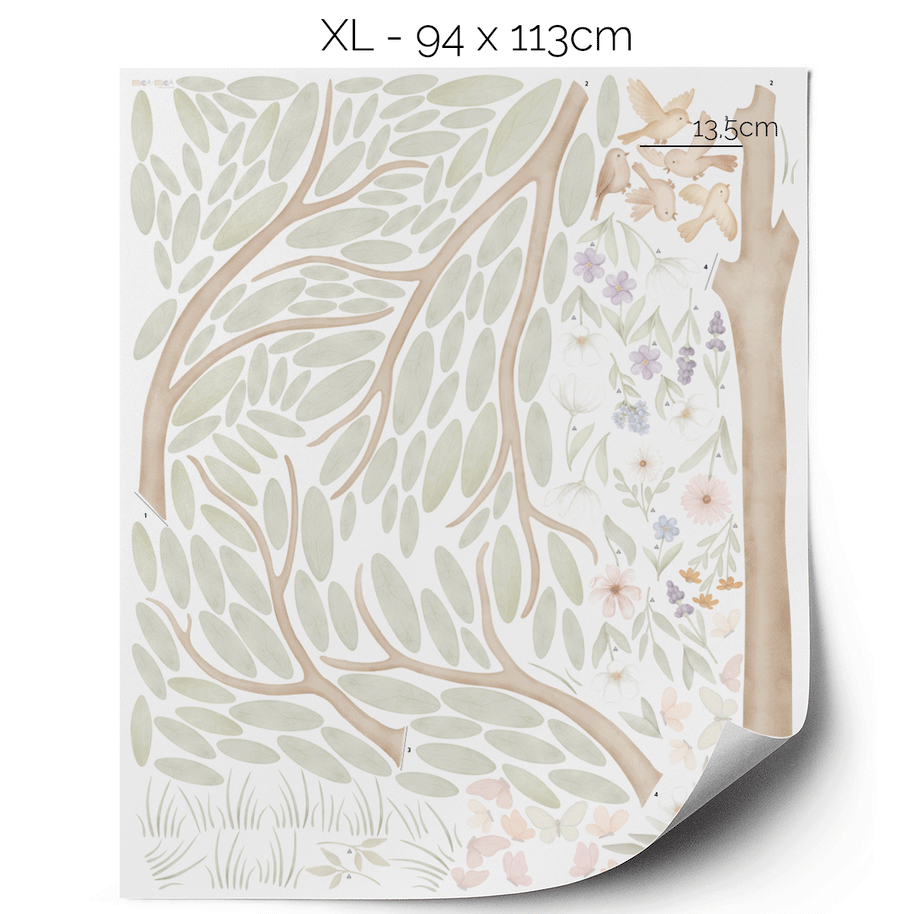 Tree wall stickers - Tree with flower meadow, birds and butterflies