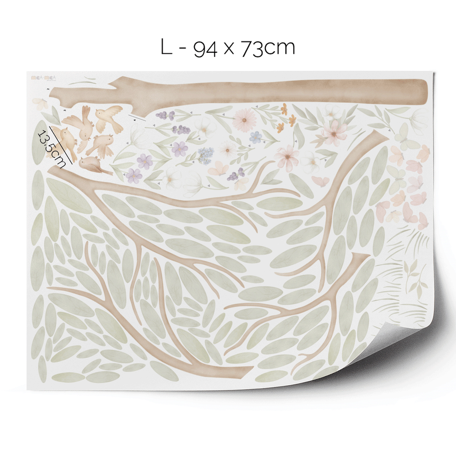 Tree wall stickers - Tree with flower meadow, birds and butterflies
