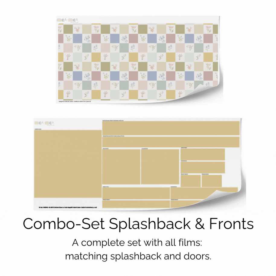 Sticker set for IKEA DUKTIG play kitchen - Checkered & floral tiles (mustard)