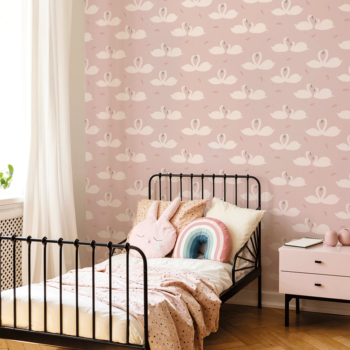 removable wallpaper, kids bedroom wallpaper, nursery wallpaper, kids bedroom ideas, nursery ideas, white swans wallpaper, swan wallpaper