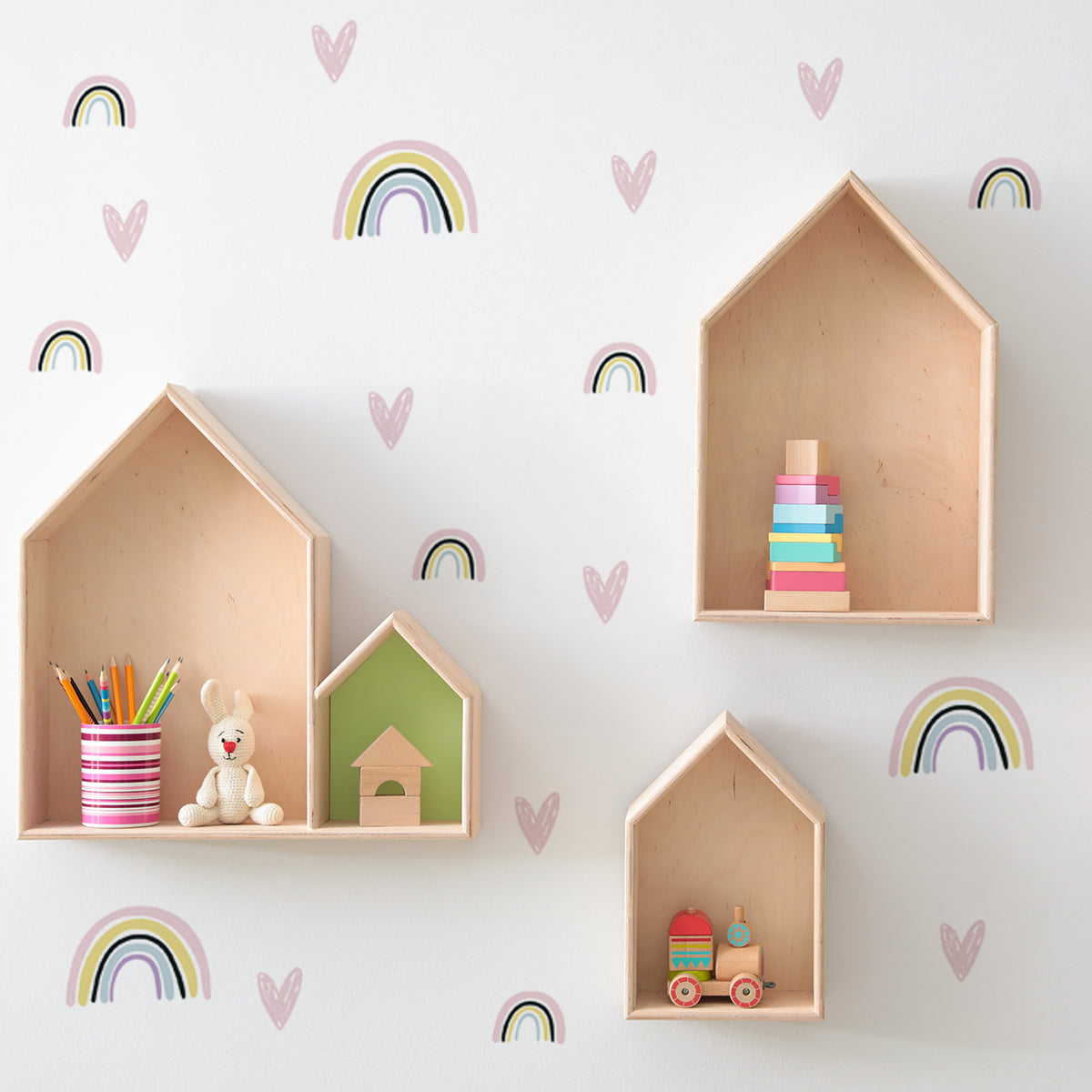 rainbow wall stickers with hearts, hearts and rainbows wall decals, pattern wall sticker with rainbows and hearts, rainbow nursery decoration