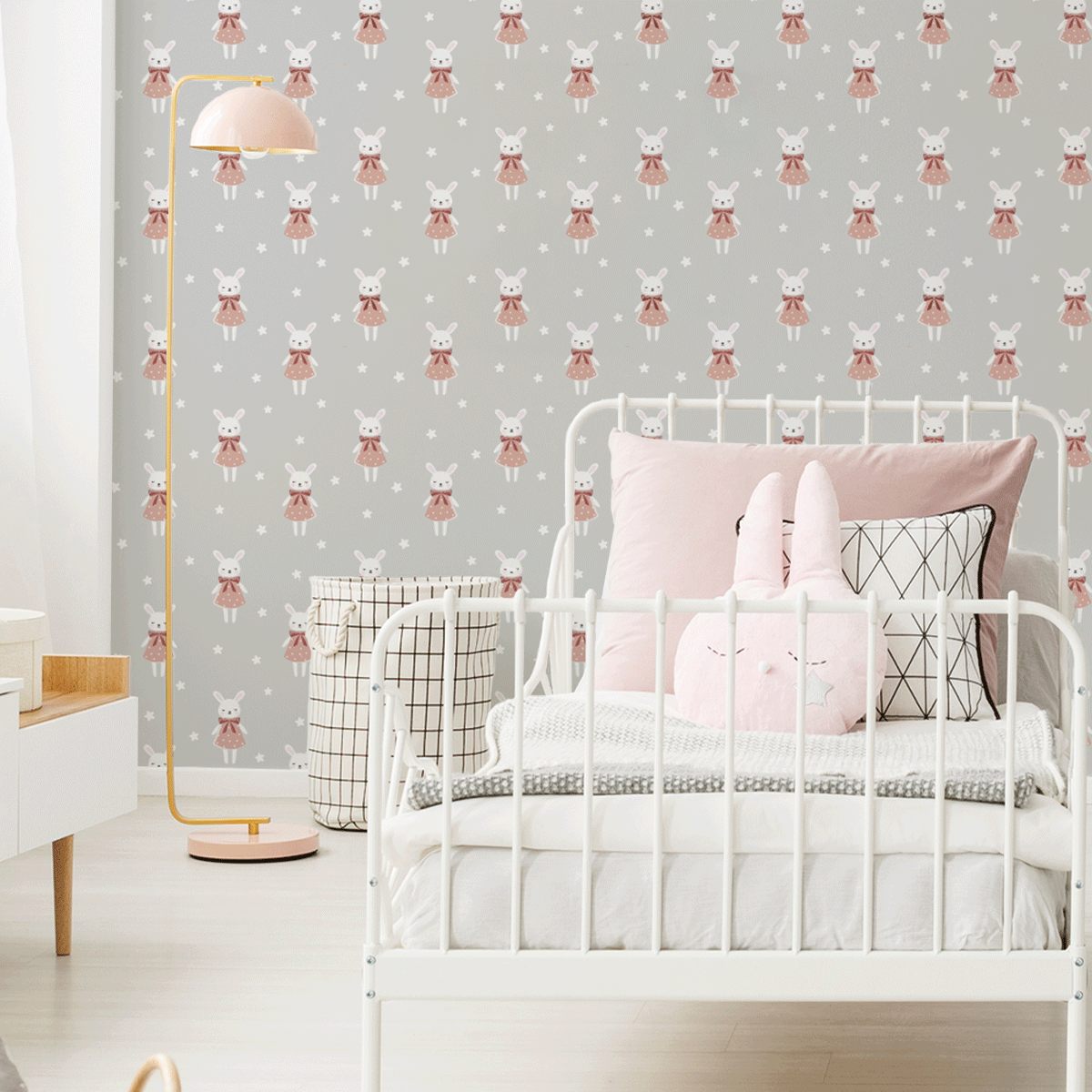 removable wallpaper, kids bedroom wallpaper, nursery wallpaper, kids bedroom ideas, nursery ideas, white bunnies wallpaper, white rabbits wallpaper, bunny girls wallpaper, rabbit girls wallpaper