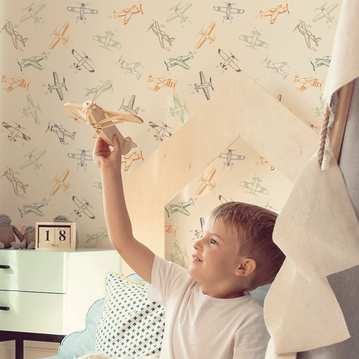 removable wallpaper, kids bedroom wallpaper, nursery wallpaper, kids bedroom ideas, nursery ideas, colourful airplanes wallpaper, retro airplanes wallpaper