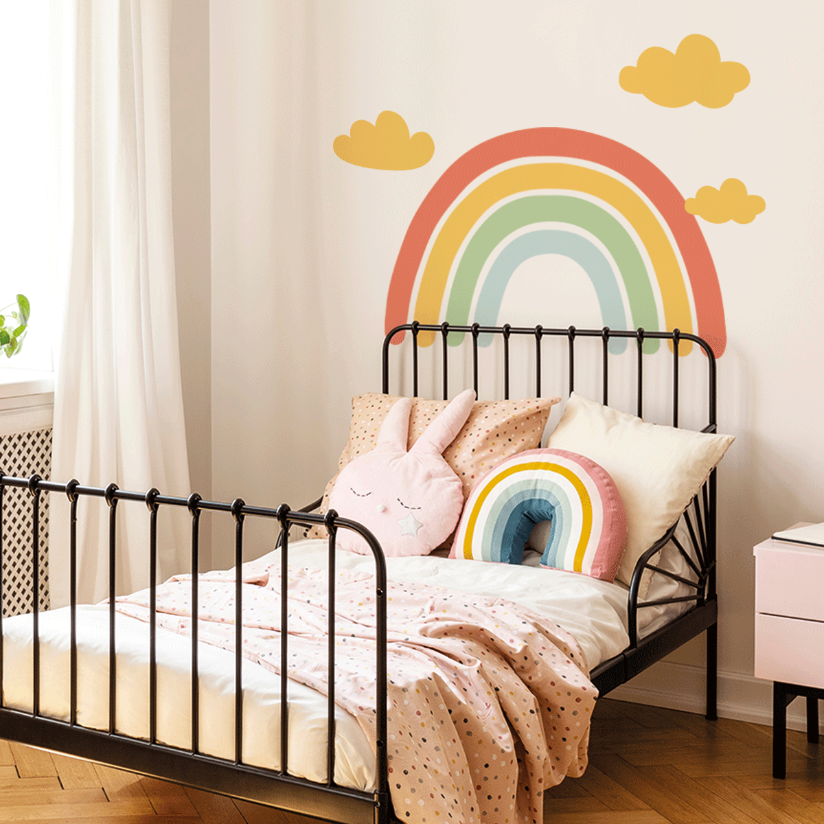 colourful rainbow wall stickers, colourful rainbow wall decals,large rainbow with clouds wall stickers, nursery wall decoration, kids bedroom wall decoration