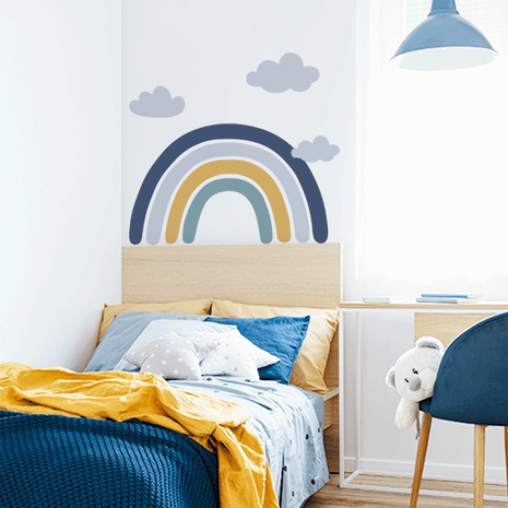 boys rainbow, blue grey rainbow wall stickers, blue rainbow wall decals,large rainbow with clouds wall stickers, nursery wall decoration, kids bedroom wall decoration