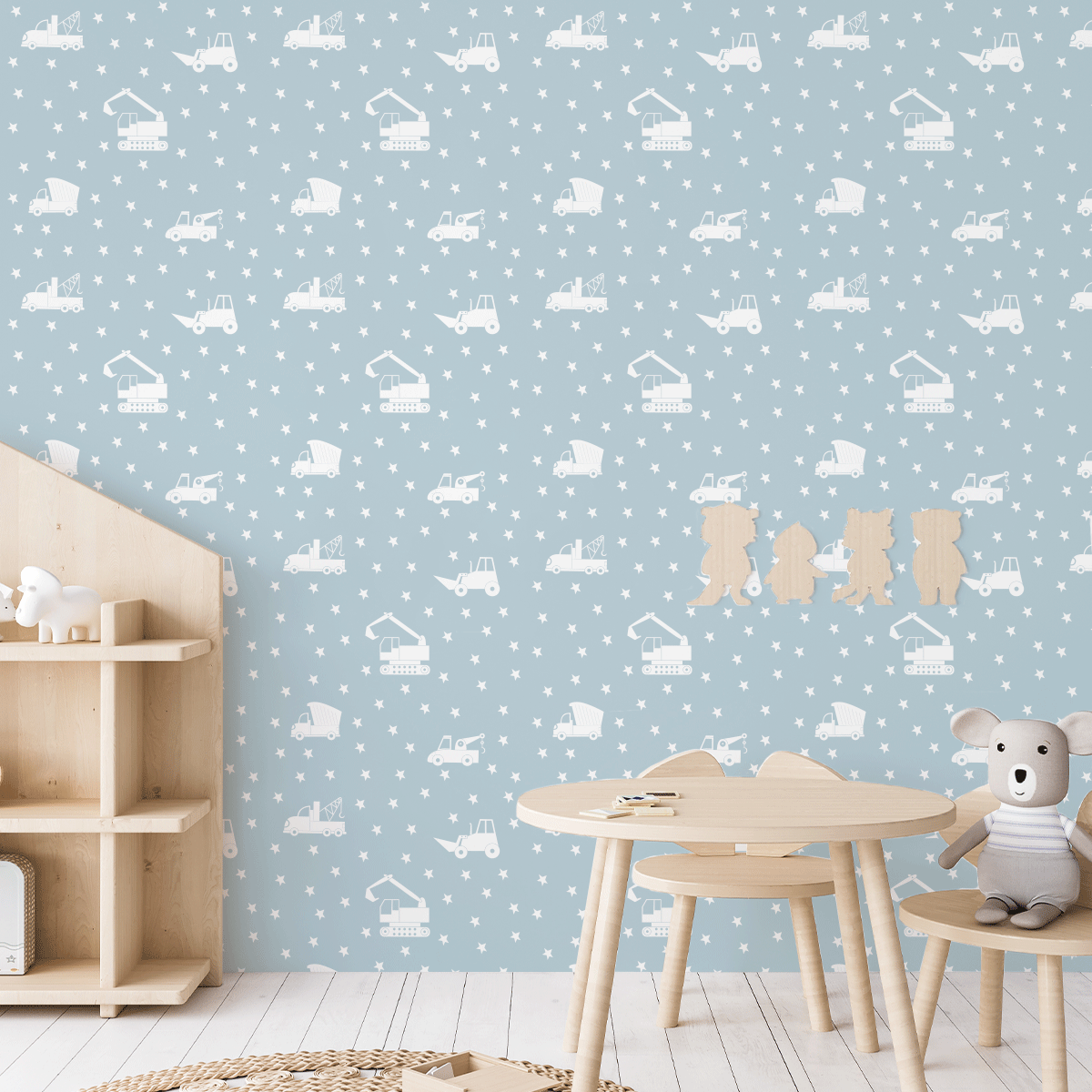 removable wallpaper, kids bedroom wallpaper, nursery wallpaper, kids bedroom ideas, nursery ideas, digger tractor dumper truck wallpaper, construction cars wallpaper