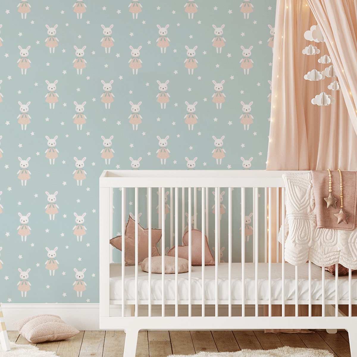 removable wallpaper, kids bedroom wallpaper, nursery wallpaper, kids bedroom ideas, nursery ideas, white bunnies wallpaper, white rabbits wallpaper, bunny girls wallpaper, rabbit girls wallpaper