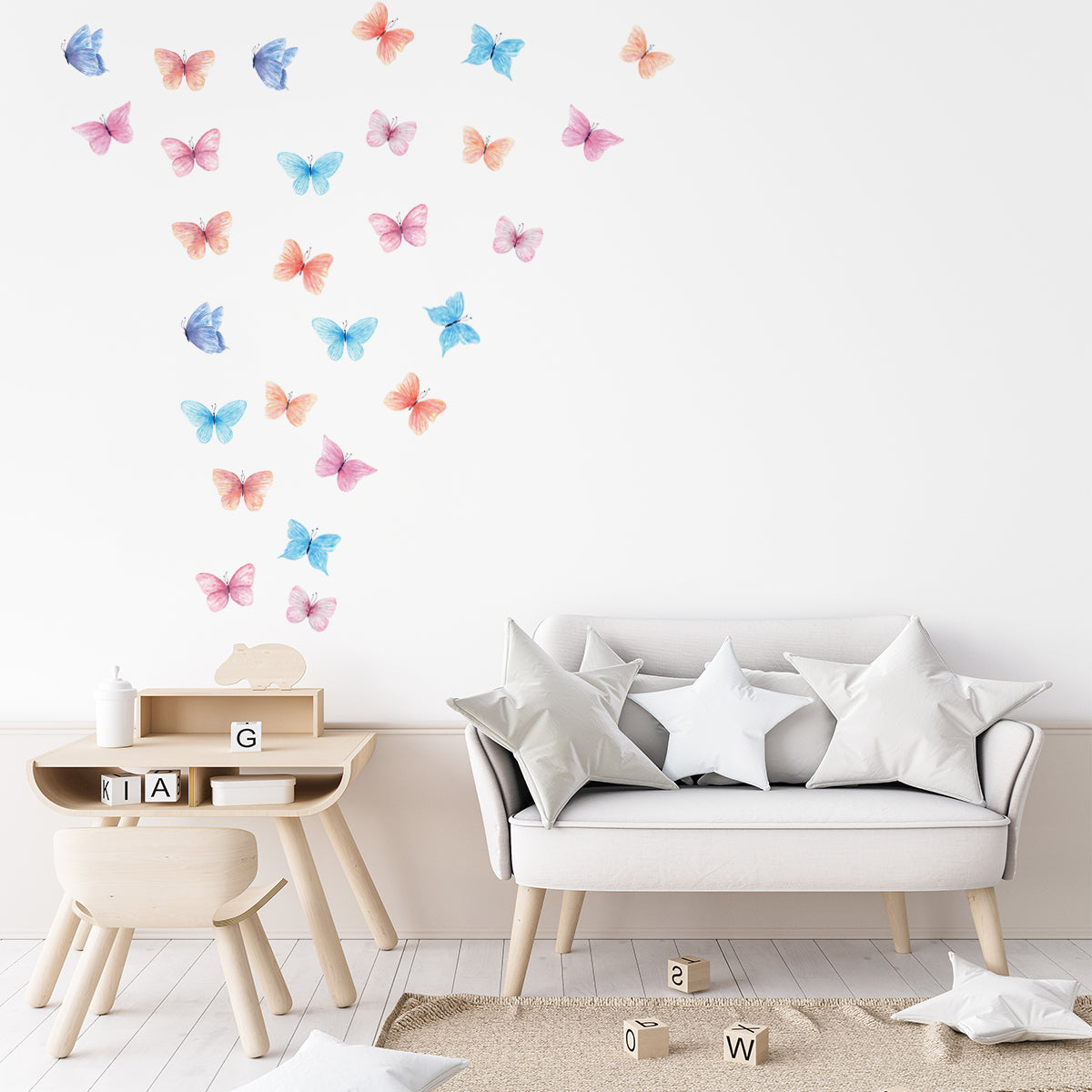 kids bedroom wall stickers, nursery wall stickers, wall stickers, wall decal , wall tattoo, colourful butterflies wall sticker, butterflies wall sticker, girls wall sticker, wall stickers with butterflies, scandinavian wall stickers, kids bedroom ideas, nursery ideas, nordic wall stickers, wall decor ideas