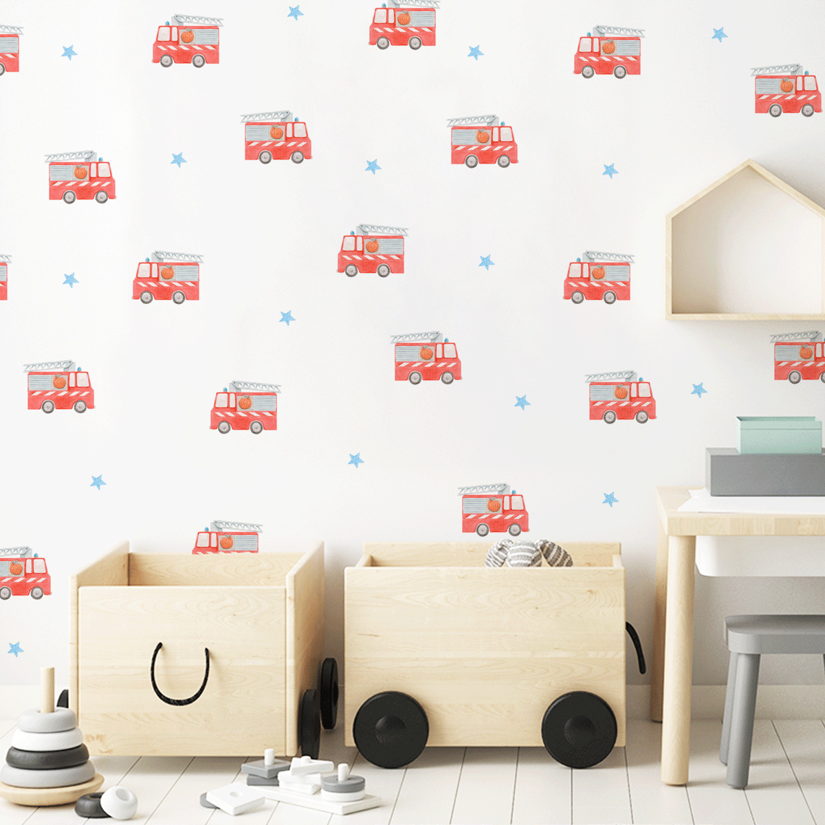 kids bedroom wall stickers, nursery wall stickers, wall stickers, wall decal , wall tattoo, fire engine with blue stars wall sticker, fire engine wall sticker, fire engine wall sticker, boys wall sticker, wall stickers with fire engines, scandinavian wall stickers, kids bedroom ideas, nursery ideas, nordic wall stickers, wall decor ideas