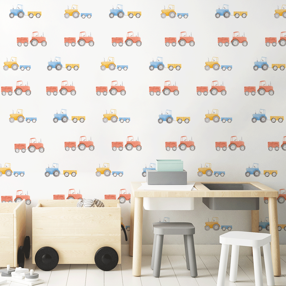 kids bedroom wall stickers, nursery wall stickers, wall stickers, wall decal , wall tattoo, tractors and trailors wallsticker, tractor wall sticker, colourful tractors wall sticker, boys wall sticker, wall stickers with tractors, scandinavian wall stickers, kids bedroom ideas, nursery ideas, nordic wall stickers