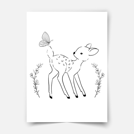 Hand-drawn forest friends - deer with butterfly Fine Art Print
