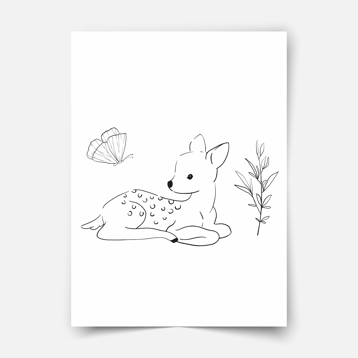 Hand-drawn forest friends - deer with butterfly (sitting) Fine Art Print