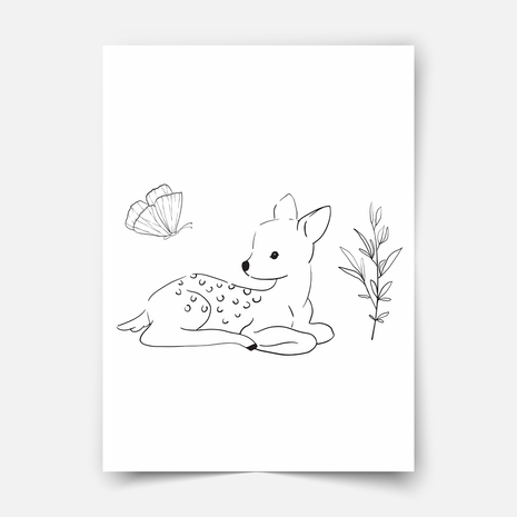 Hand-drawn forest friends - deer with butterfly (sitting) Fine Art Print